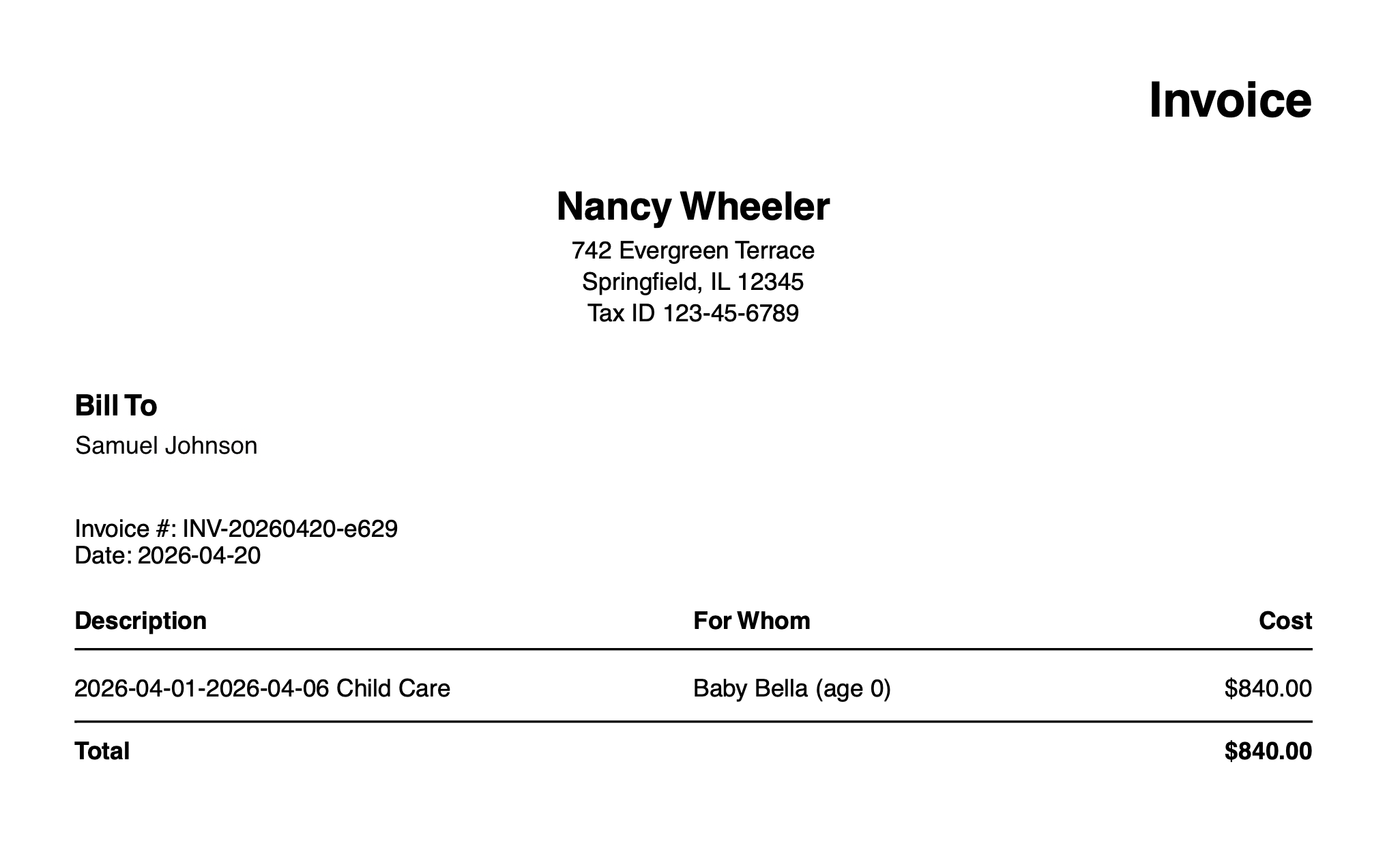 Preview of generated invoice PDF with nanny payment details