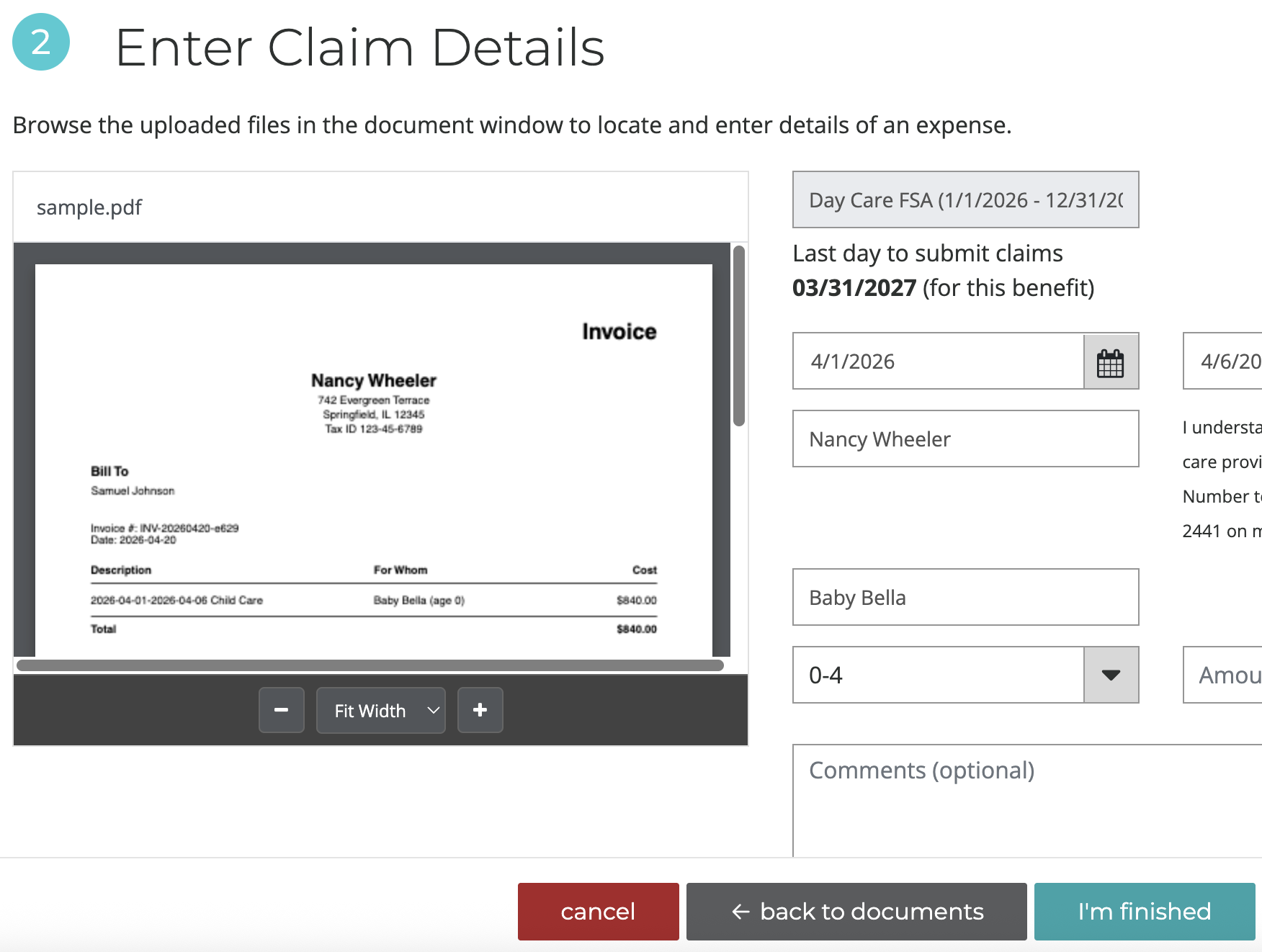 Navia claim submission form with all fields filled from invoice